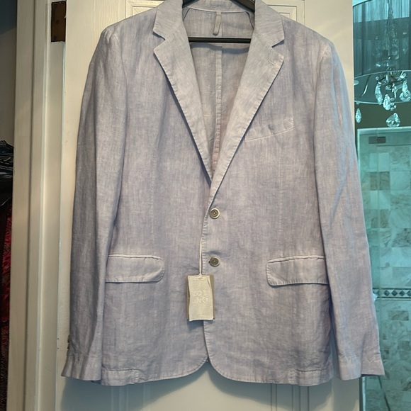 120% Lino Men’s Slim fit Single breasted blazer with patch pockets in baby blue - Picture 2 of 8